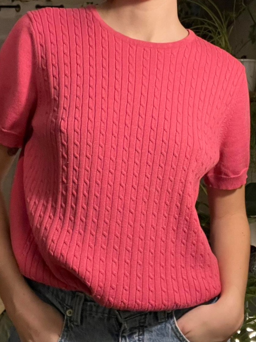 ShopEvelynne Pink Cable Knit Short Sleeve Sweater